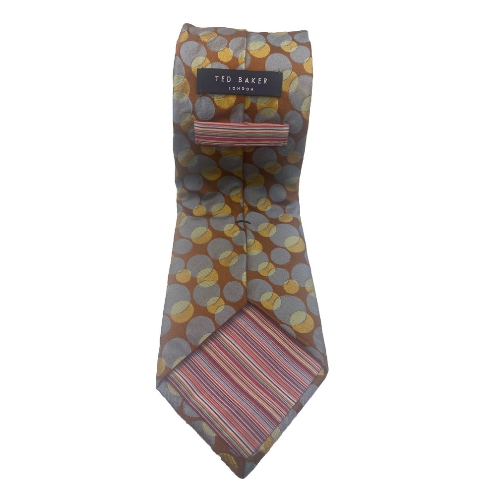 TED BAKER 100% Silk Geometric Overlapping Circles Tie – Gray, Gold & Brown